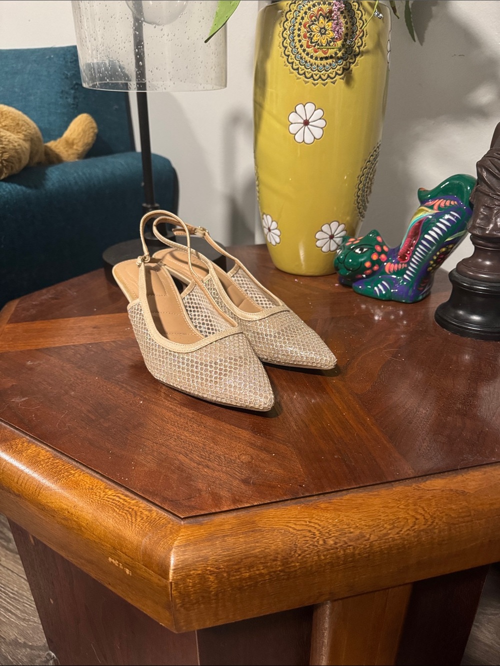 Kelly & Katie Beige Mesh Pointed Slingback Heels